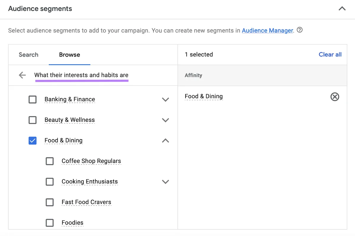 Google Ads 中的“Audience segments”标签页