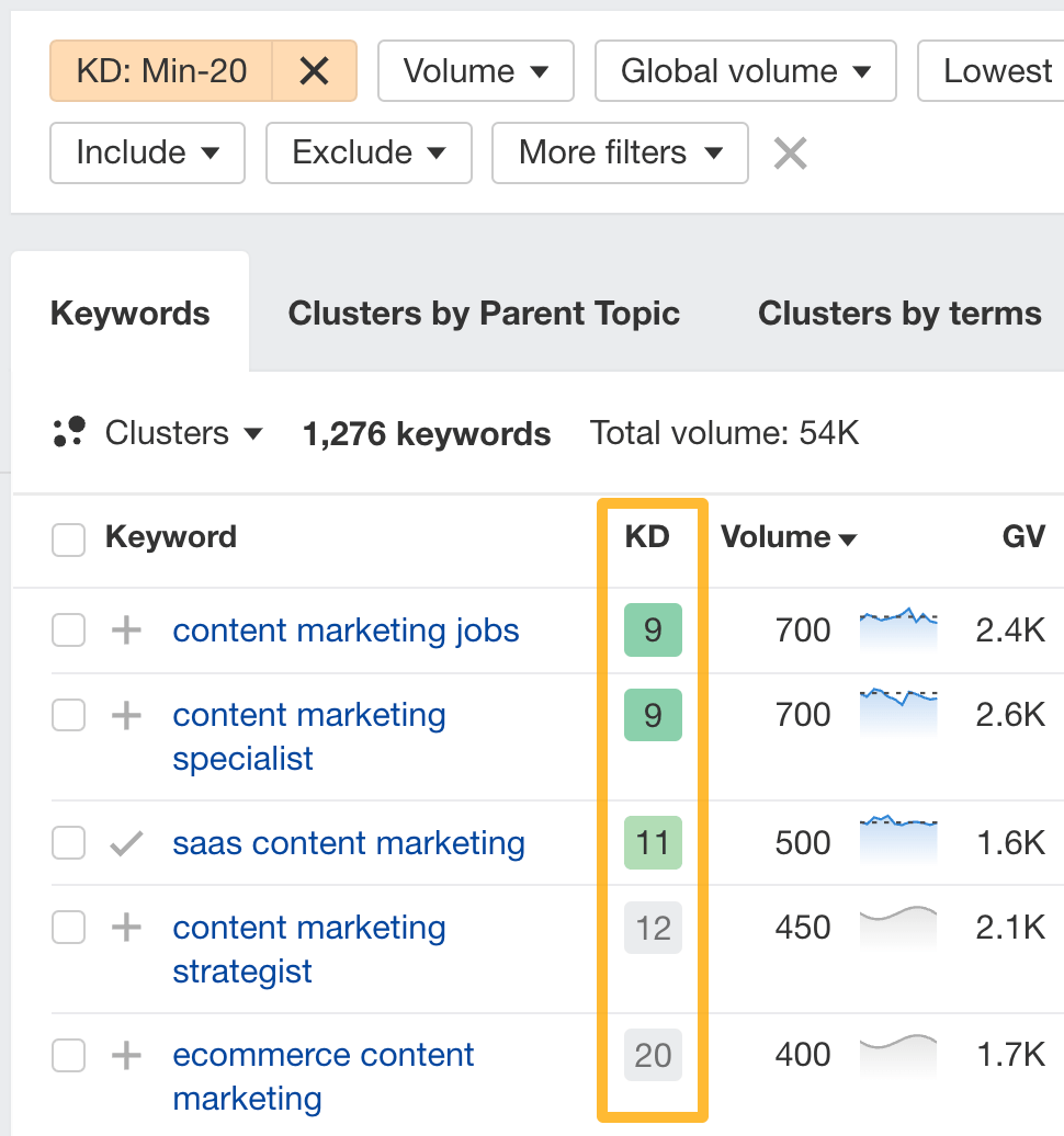 在 Keywords Explorer 中设置 KD 筛选条件。