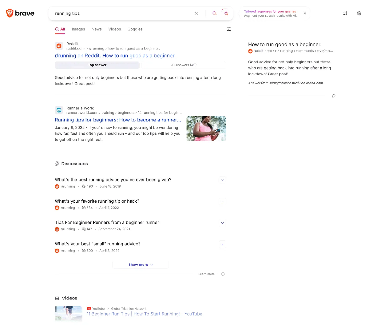 Brave 显示来自 Reddit、Runner’s World 和社区讨论的跑步建议,底部有 YouTube 视频预览。