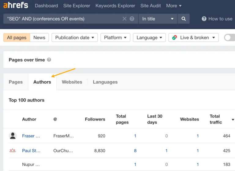 Ahrefs Content Explorer 中的 “Authors” 标签页