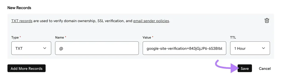 DNS 设置表单,显示 Google 站点验证 TXT 记录,“Save”按钮高亮