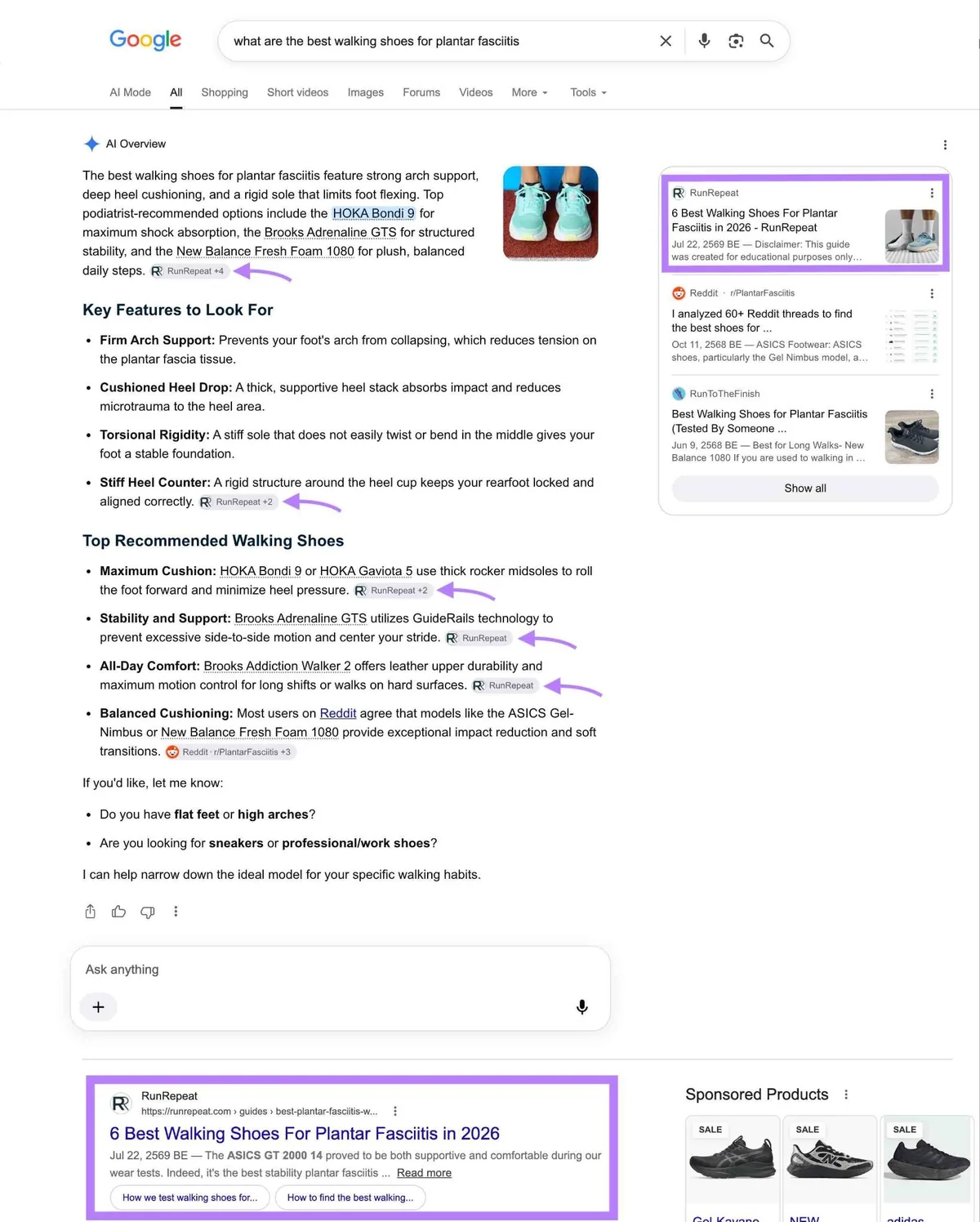 Google 搜索结果页面显示某页面在 AI 概览中被多次引用,并在自然结果中排名第一。