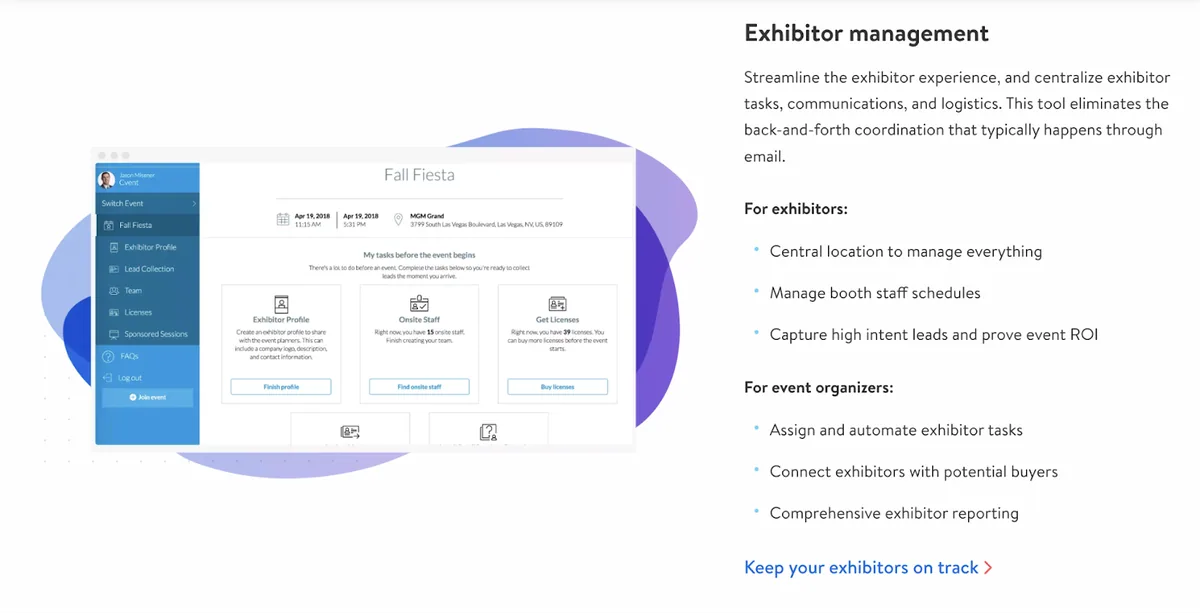 Cvent 首页,带有参展商管理界面