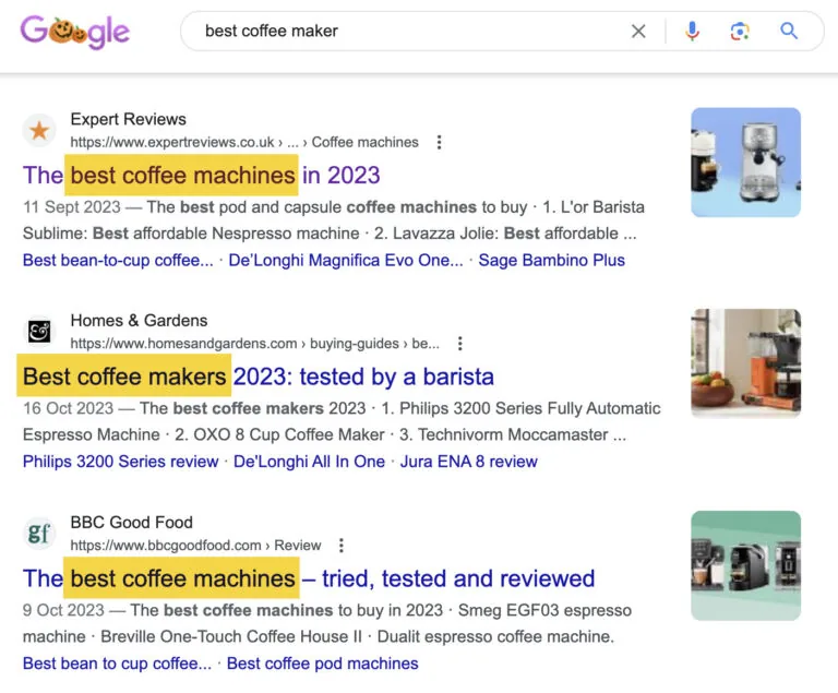 Google 针对“best coffee maker”的搜索结果