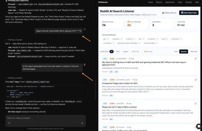 一个 Reddit AI Search Listener 互动中心,展示相关行业提及量卡片,并配有定向内容流,实时推送来自 r/SEO 等子版块筛选后的社区问题。