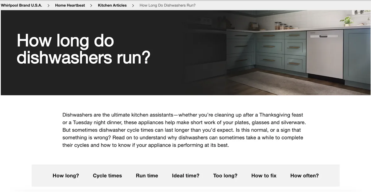 Whirlpool 的博客,标题为 how long do dishwashers run,并含目录