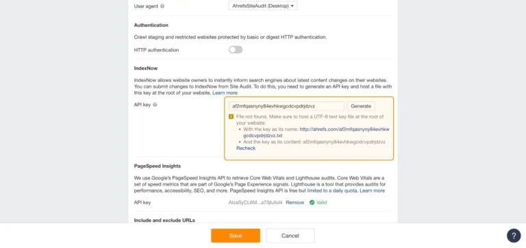 Ahrefs Site Audit 中 IndexNow API 密钥的截图