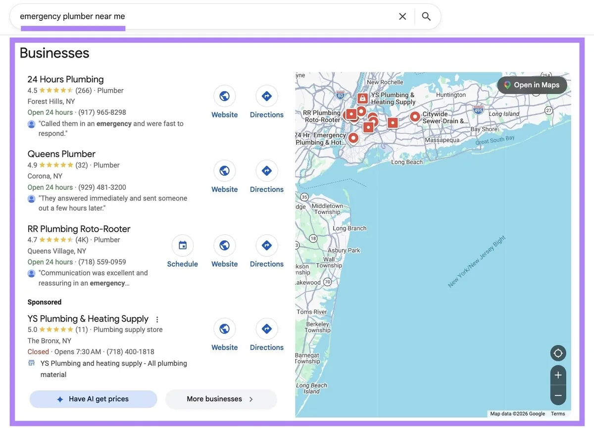 词条“emergency plumber near me”的 Google 搜索结果页面，本地包已高亮显示。
