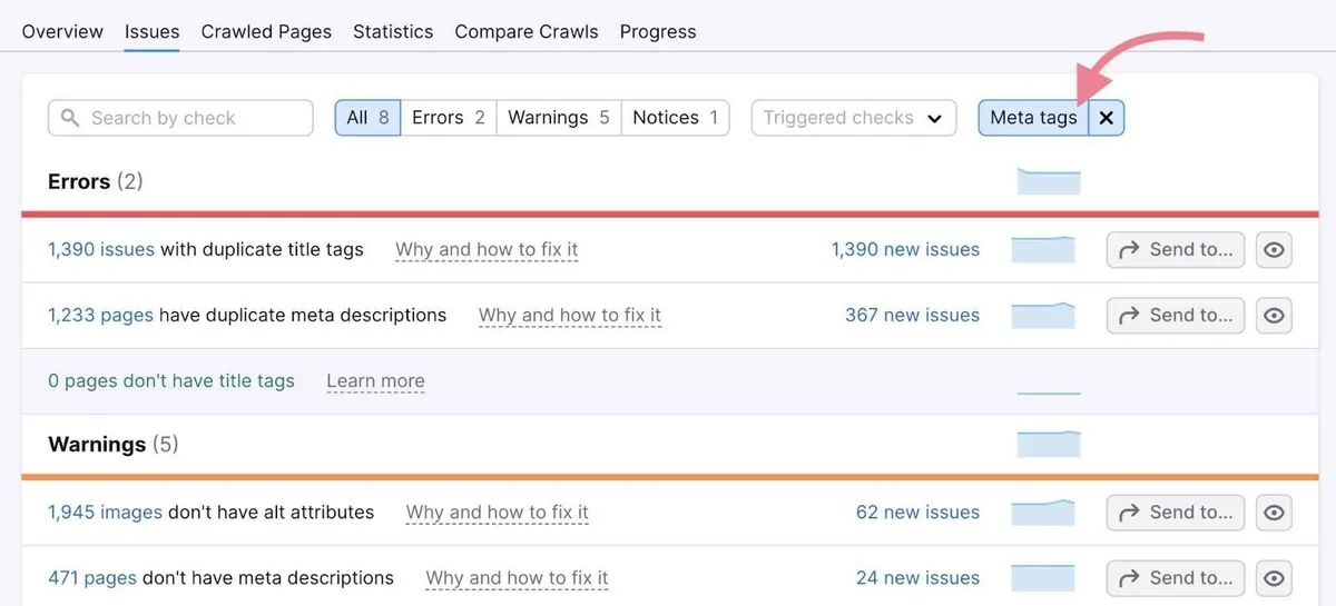 在 Site Audit Issues 中选为类别的“Meta tags”，显示相关问题的列表