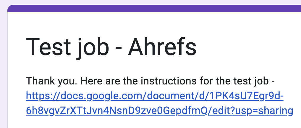 我们 Google Form 末尾指向测试任务的链接