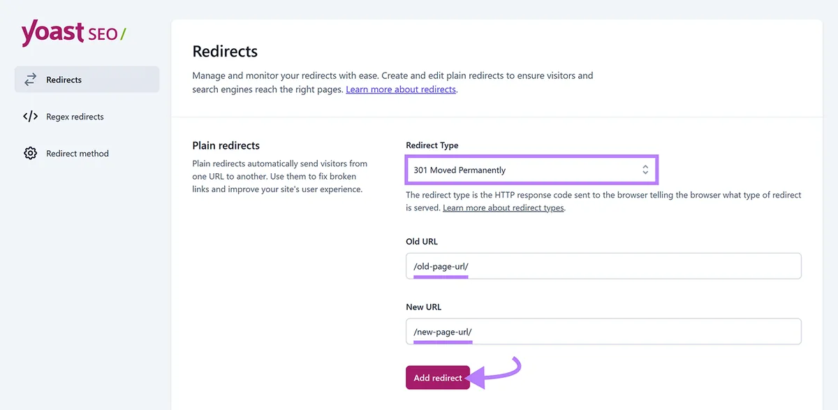 Yoast SEO 重定向设置,显示从 /old-page-url/ 到 /new-page-url/ 的 301 重定向,并高亮 Add Redirect 按钮。