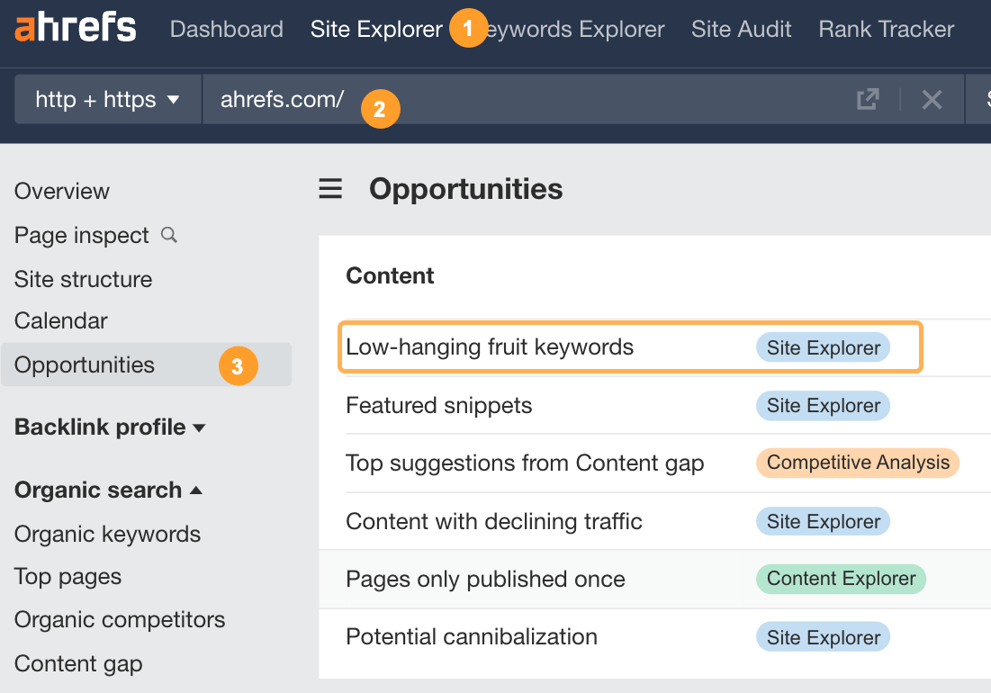 在 Ahrefs 中查找低垂果实（易得）关键词。