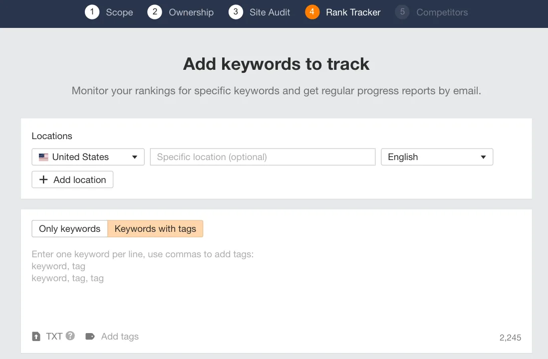 在 Ahrefs 的 Rank Tracker 中细分加盟关键词