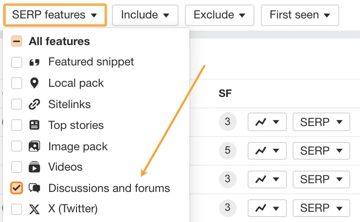 Ahrefs 的 Keywords Explorer 中的讨论和论坛筛选器