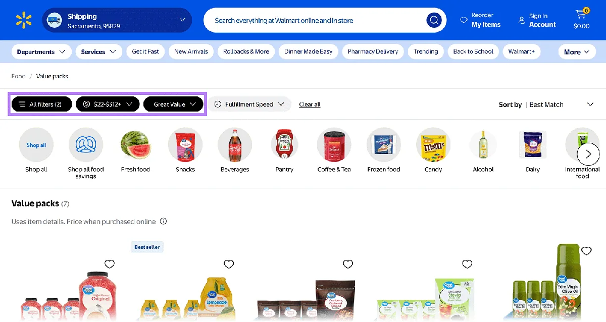 Walmart 类别页面，高亮“All filters”、价格范围和“Great Value”基于属性的面包屑导航。
