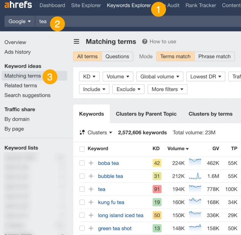 Ahrefs' Keywords Explorer 中的匹配词报告