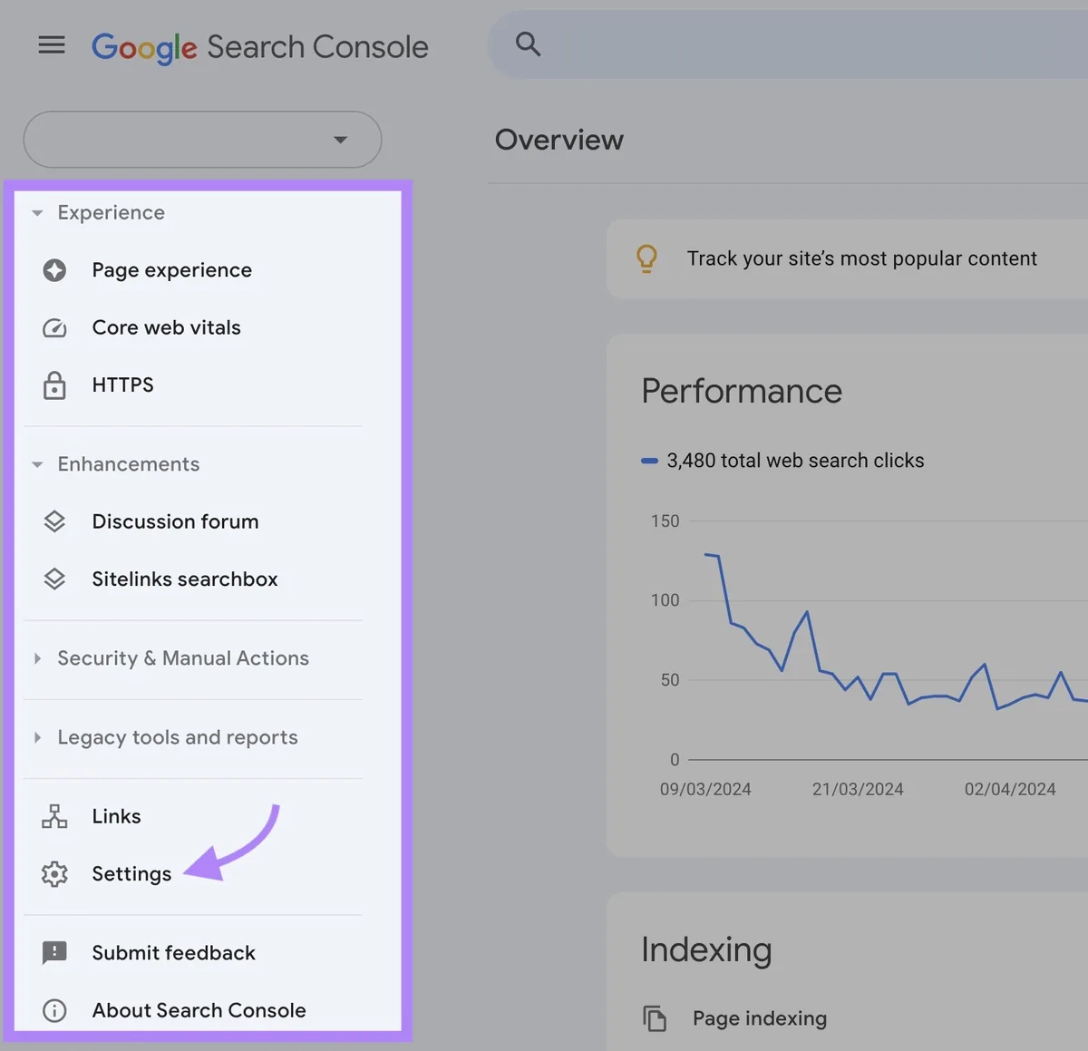 Google Search Console 首页,左侧菜单已高亮显示,并已点击“Settings”。