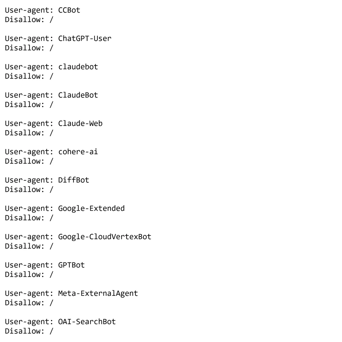 robots.txt 文件阻止多个 AI 爬虫,包括 GPTBot、ClaudeBot 和 OAI-SearchBot