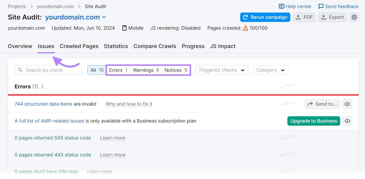 Site Audit 工具的“Issues”标签页，“Errors”、“Warnings”和“Notices”筛选器被突出显示