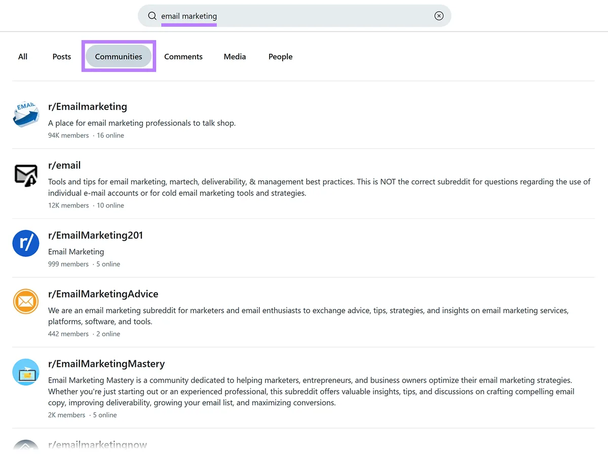 “email marketing”的搜索结果,显示相关的 Reddit 社区。