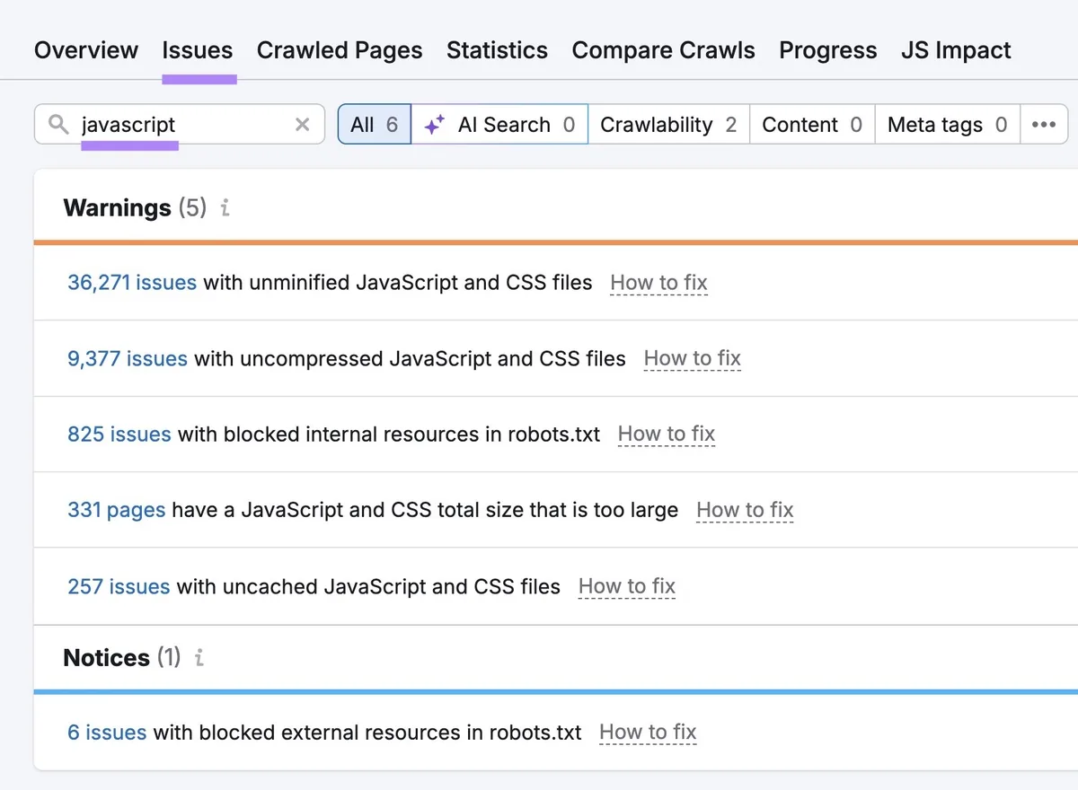 Site Audit 上的“Issues”标签页,输入“javascript”,显示相关问题列表。