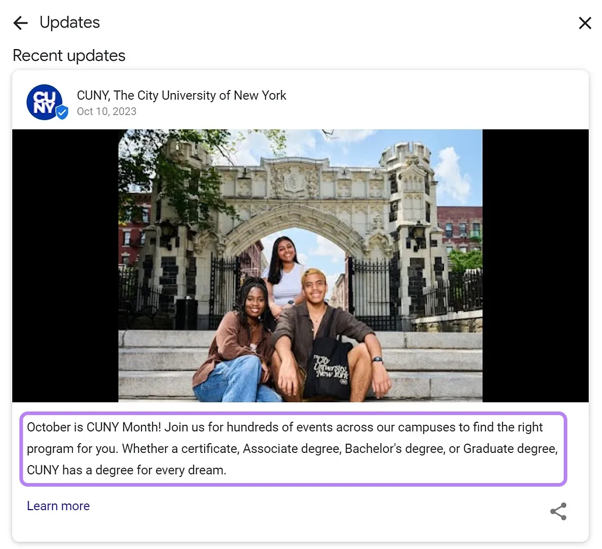 纽约市立大学的 Google Business Profile 更新帖子
