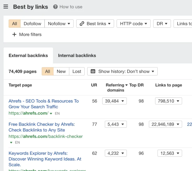 Best by links 显示目标网站或子文件夹/子域名上被链接最多的页面