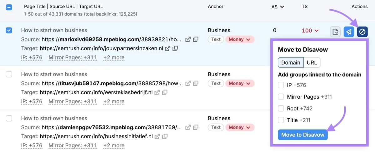 在 Backlink Audit 工具的 Disavow 窗口中点击的“Move to Disavow”。