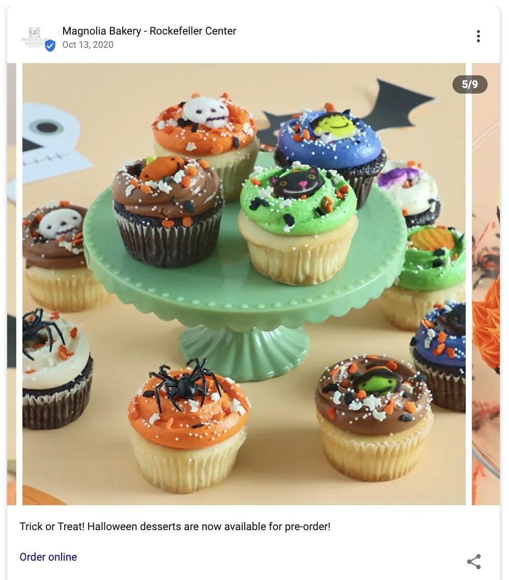 Magnolia Bakery 在 Google Business Profile 上发布的帖子，使用高质量图片展示其万圣节甜点系列。
