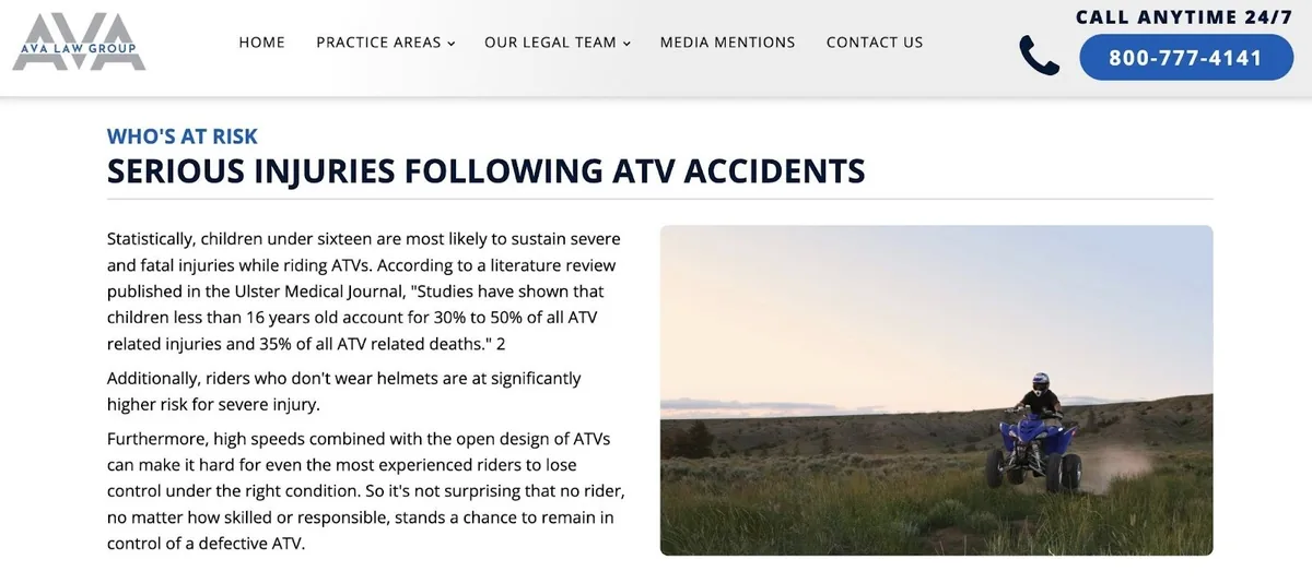 AVA Law Group 发布的一篇关于全地形车事故的博客文章,面向搜索该话题的人群。