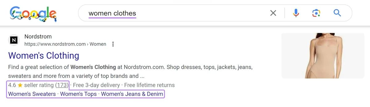 “women clothes”关键词出现的富摘要结果