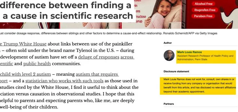 一张关于敏感健康话题文章的截图，显示作者的专业资质和披露声明，体现 YMYL 内容的透明度和专业度。