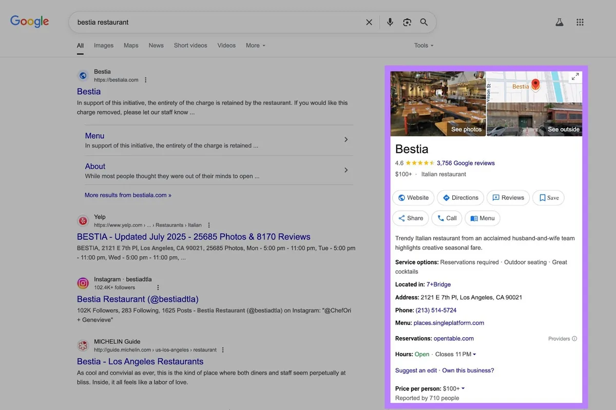 搜索结果页面右侧突出显示的 Google Business Profile。