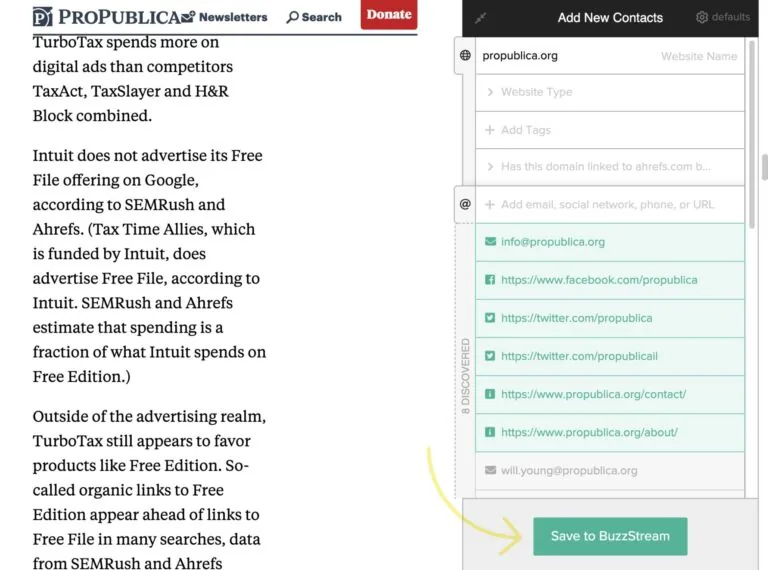 Buzzstream 从 ProPublica 页面提取的已识别联系人列表