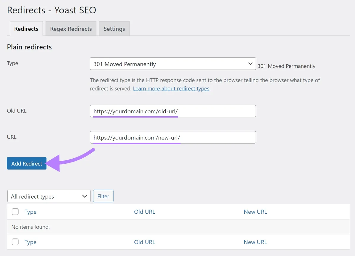 “Redirects - Yoast SEO”页面