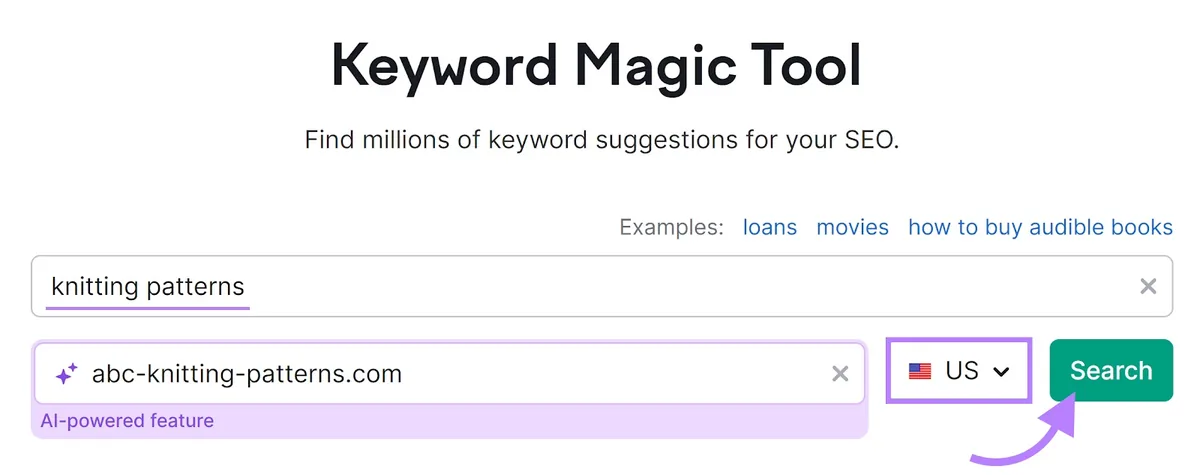 Keyword Magic Tool,搜索字段中为“knitting patterns”,域名字段中为“abc-knitting-patterns.com”。