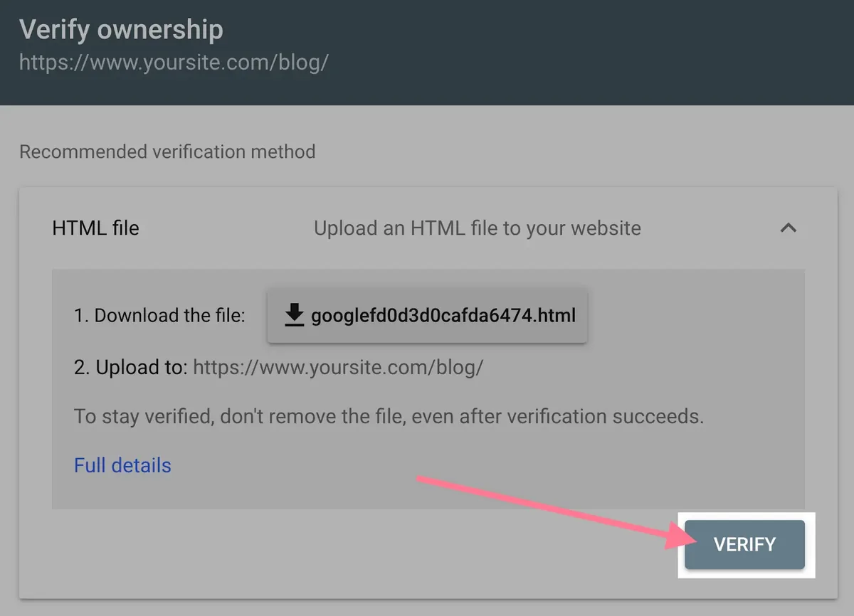Google Search Console URL 前缀验证界面,HTML 文件上传方式和 Verify 按钮已高亮显示