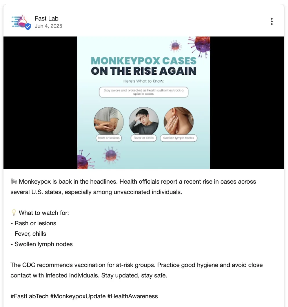 一家医疗健康企业在 Google Business Profile 上发布的帖子，分享有关近期动态（如猴痘病例增加）的见解。