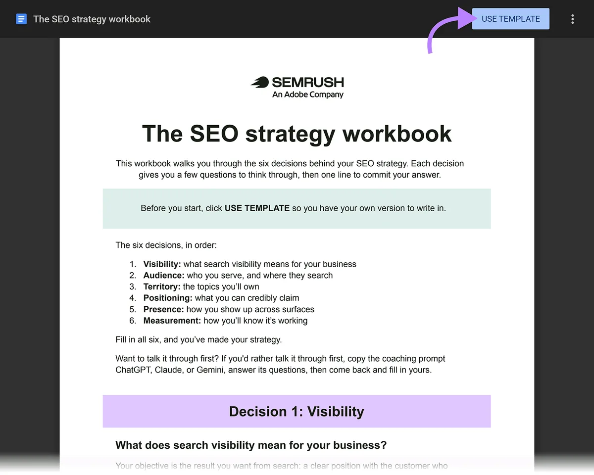 Semrush SEO 策略工作簿模板,箭头指向 USE TEMPLATE 按钮