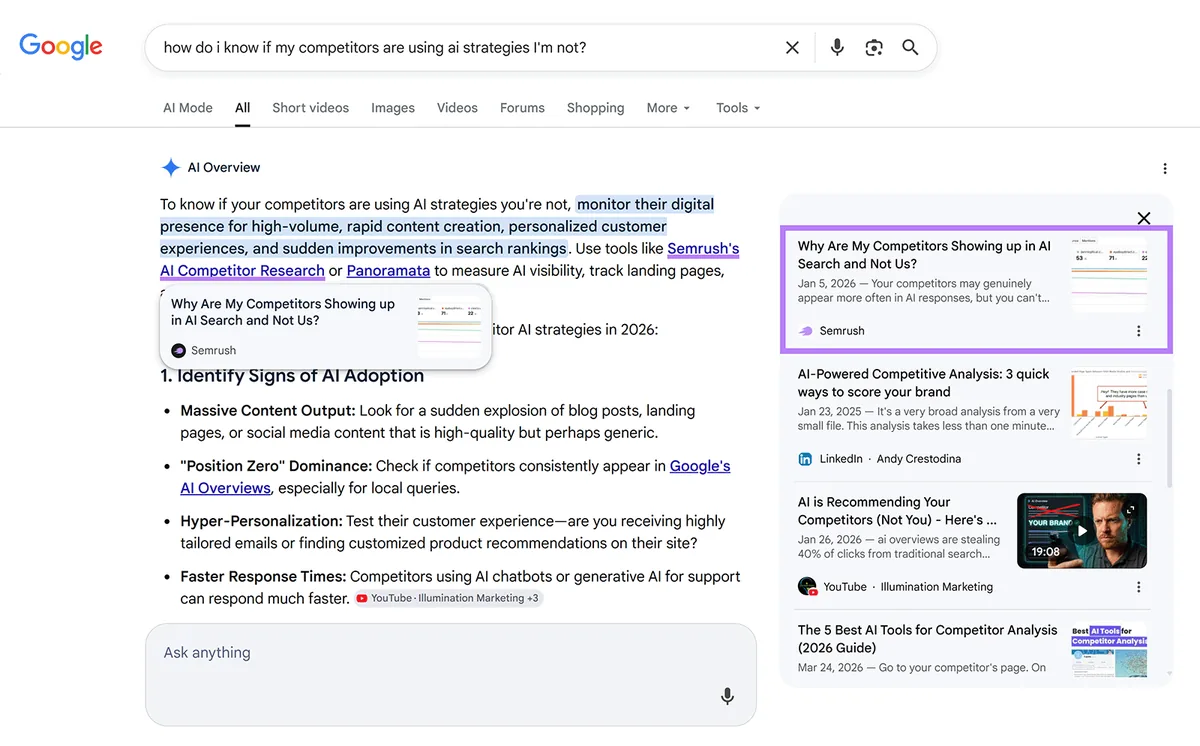 Google AI 概览高亮显示 Semrush 关于竞争对手采用 AI 策略和 AI 搜索可见度的内容