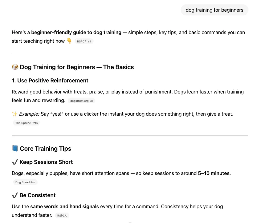ChatGPT 对“dog training for beginners”的回答。