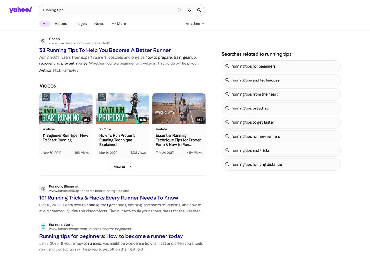 Yahoo 上 running tips 的结果包括文章、视频和一系列相关搜索,如初学者和技巧。