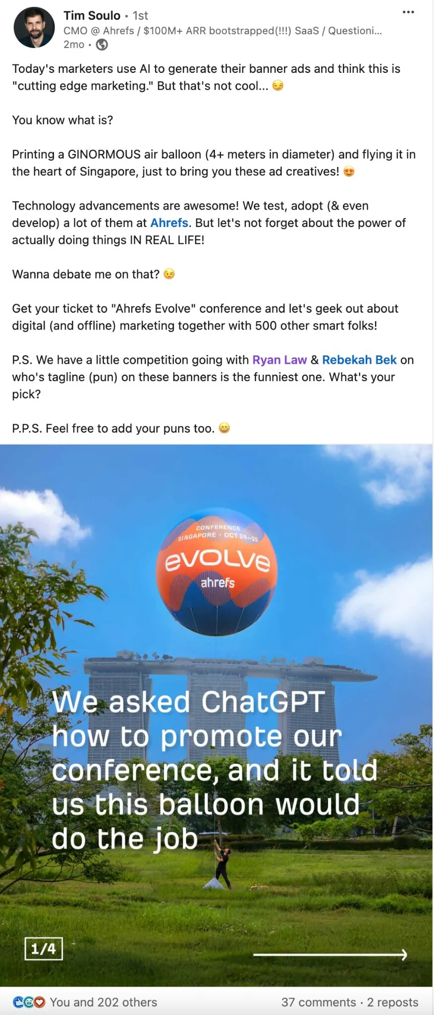 Tim Soulo 在 LinkedIn 上推广 Evolve 的帖子，并用我们的氦气球作为广告素材
