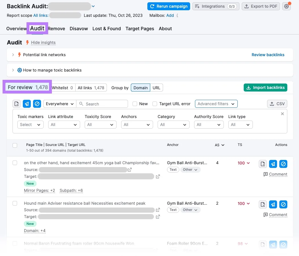 Backlink Audit 工具中的“Audit”报告