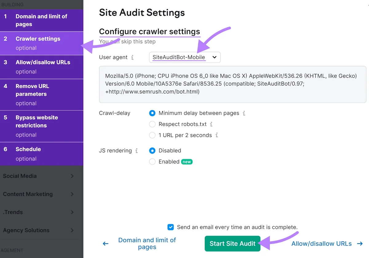 Site Audit 设置的“Configure crawler settings”部分