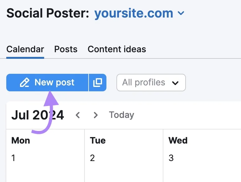 点击了 Semrush 的 Social Poster 左上角的“New post”