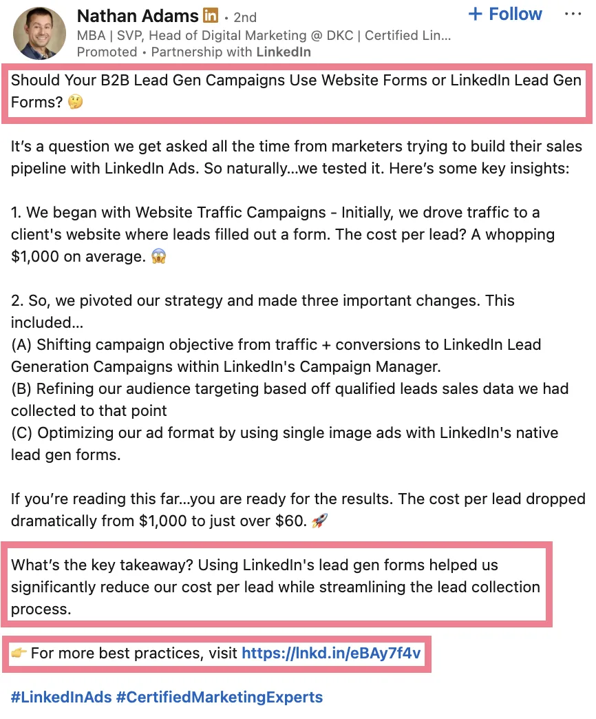 Thought leadership LinkedIn post 示例,来自 Nathan Adams