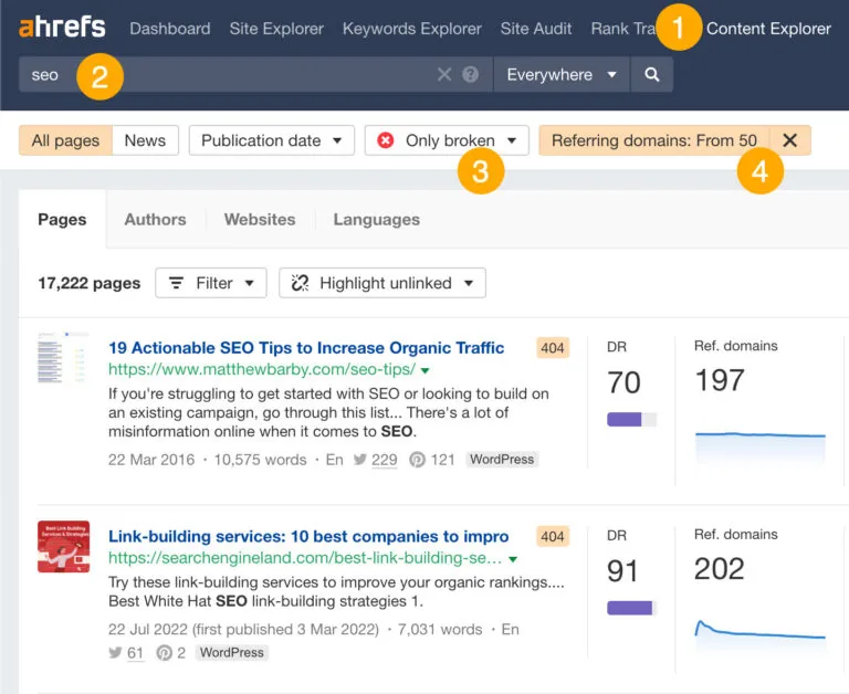 在 Ahrefs' Content Explorer 中搜索某主题的失效页面