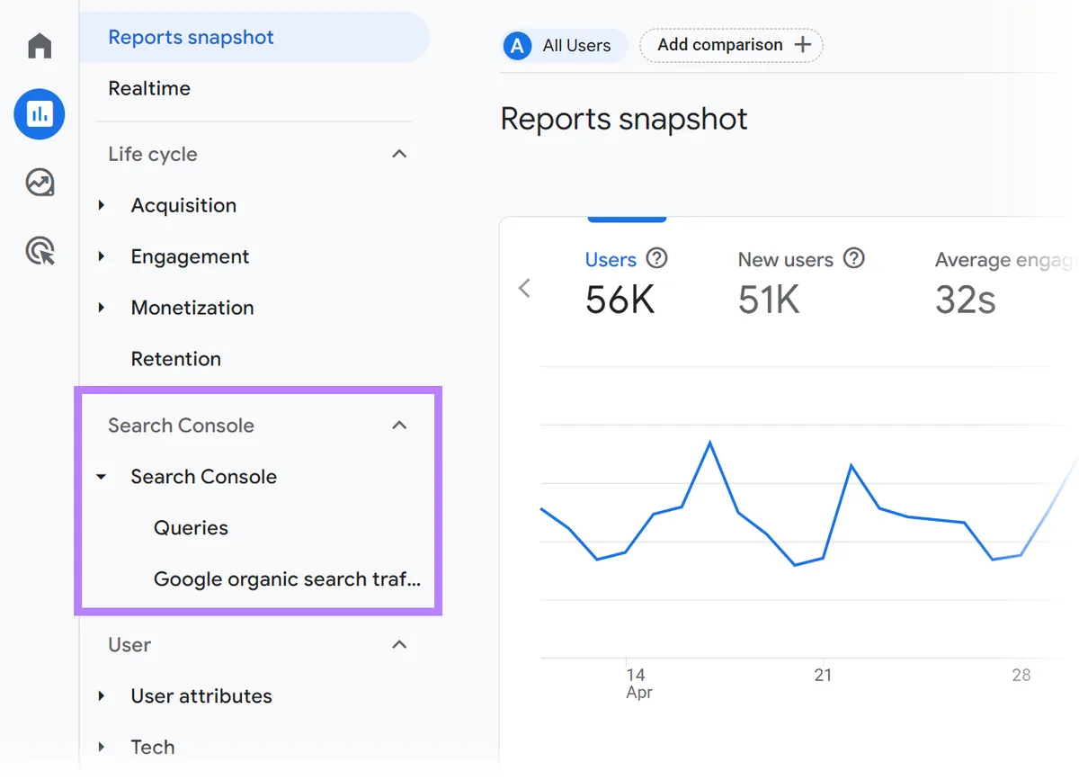 Search Console 菜单已展开并突出显示。