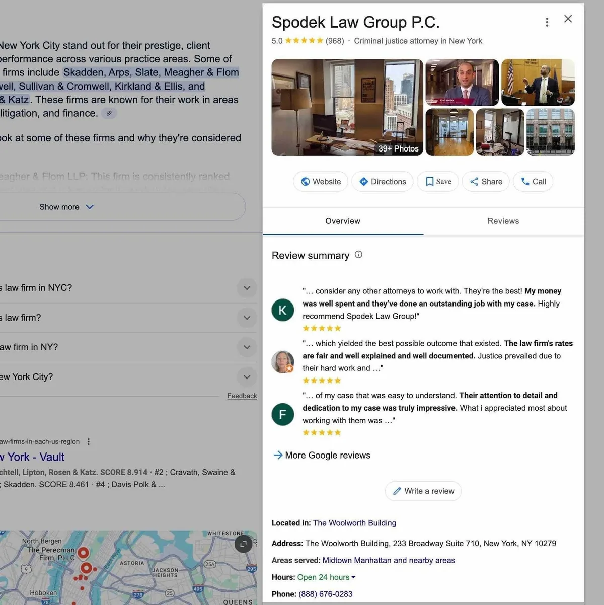 律师事务所 Spodek Law Group 的 Google Business Profile,高亮在搜索结果页面右侧。